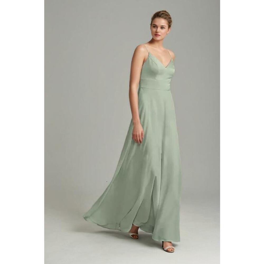 David's Bridal Spaghetti Strap Crepe-Back Satin Dress in Dusty Sage